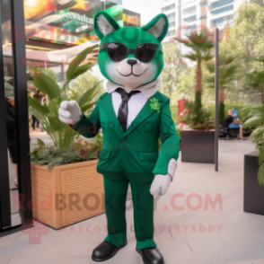 Forest Green Cat mascot costume character dressed with a Suit Jacket and Sunglasses