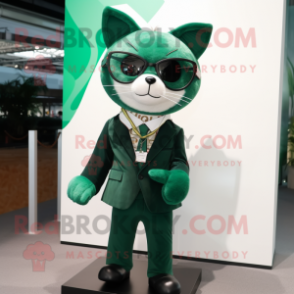 Forest Green Cat mascot costume character dressed with a Suit Jacket and Sunglasses