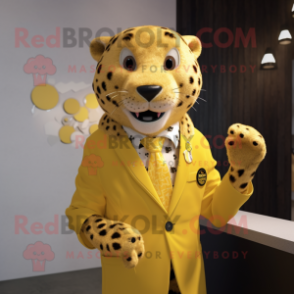 Yellow Cheetah mascot costume character dressed with a Blazer and Lapel pins