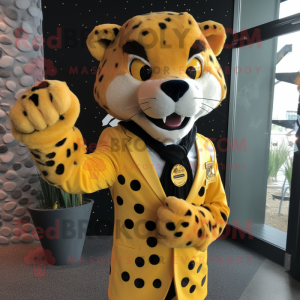 Yellow Cheetah mascot costume character dressed with a Blazer and Lapel pins