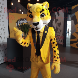 Yellow Cheetah mascot costume character dressed with a Blazer and Lapel pins
