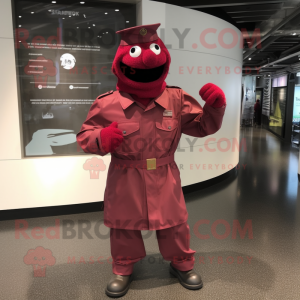 Maroon American Soldier mascot costume character dressed with a Raincoat and Cufflinks