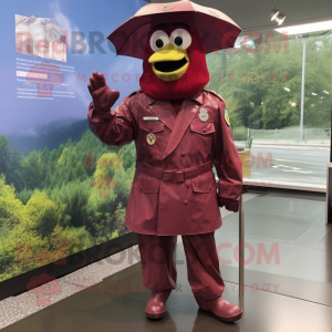 Maroon American Soldier mascot costume character dressed with a Raincoat and Cufflinks