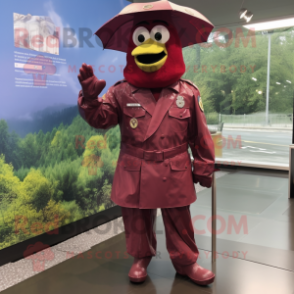 Maroon American Soldier mascot costume character dressed with a Raincoat and Cufflinks