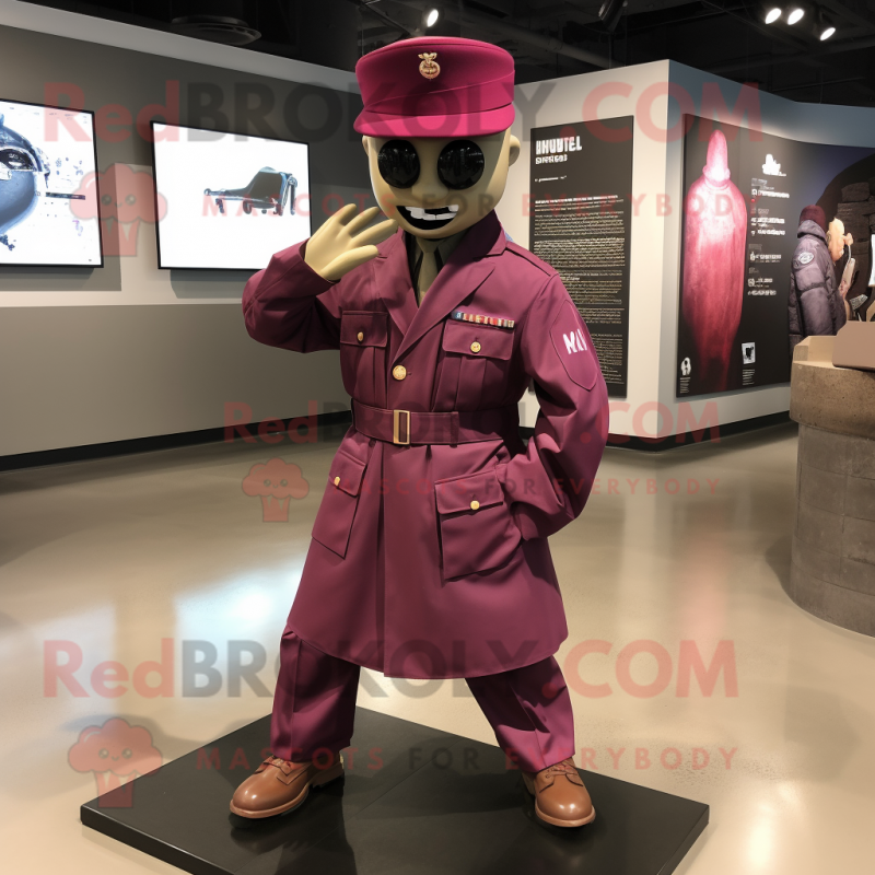 Maroon American Soldier mascot costume character dressed with a Raincoat and Cufflinks