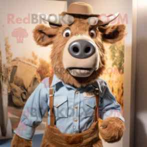 Tan Bison mascot costume character dressed with a Chambray Shirt and Suspenders