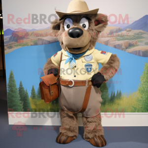Tan Bison mascot costume character dressed with a Chambray Shirt and Suspenders