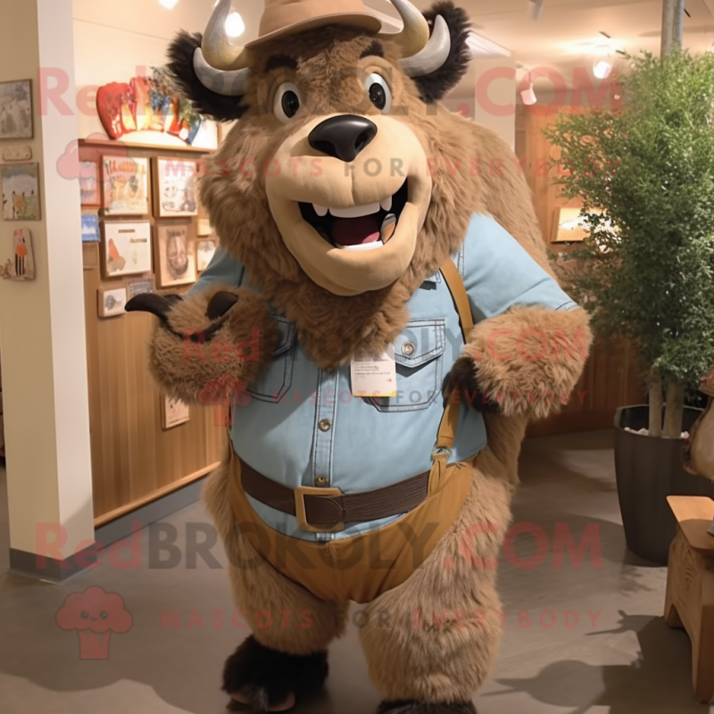 Tan Bison mascot costume character dressed with a Chambray Shirt and Suspenders Tan Bison mascot costume character dressed with a Chambray Shirt and Suspenders