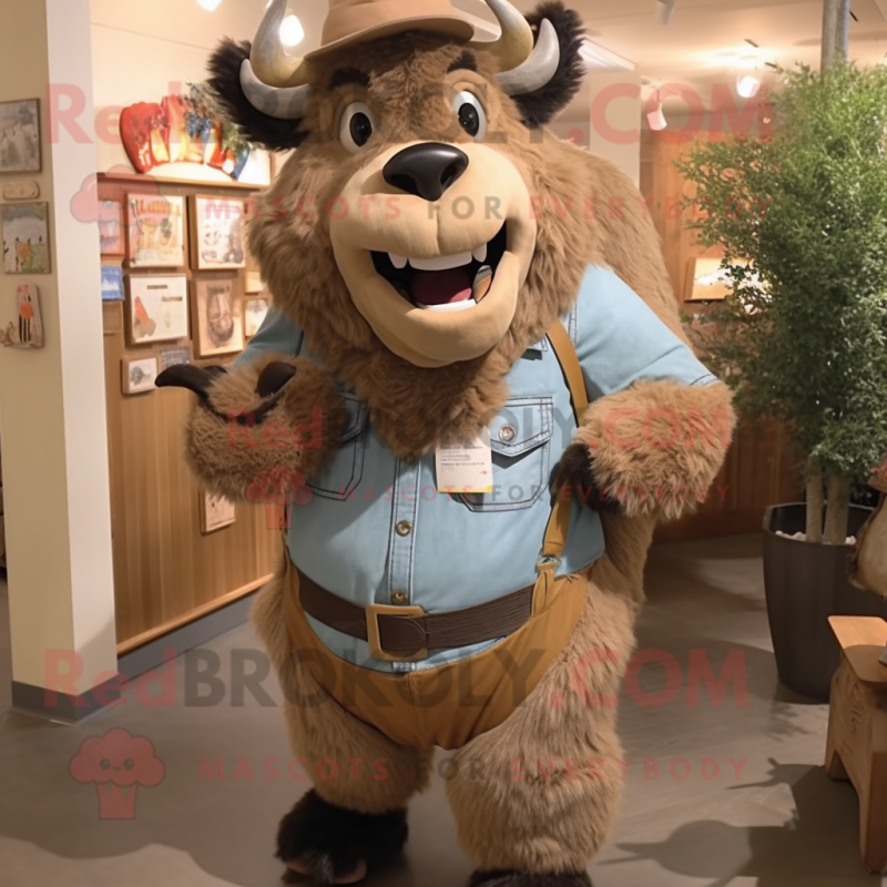 Tan Bison mascot costume character dressed with a Chambray Shirt and Suspenders