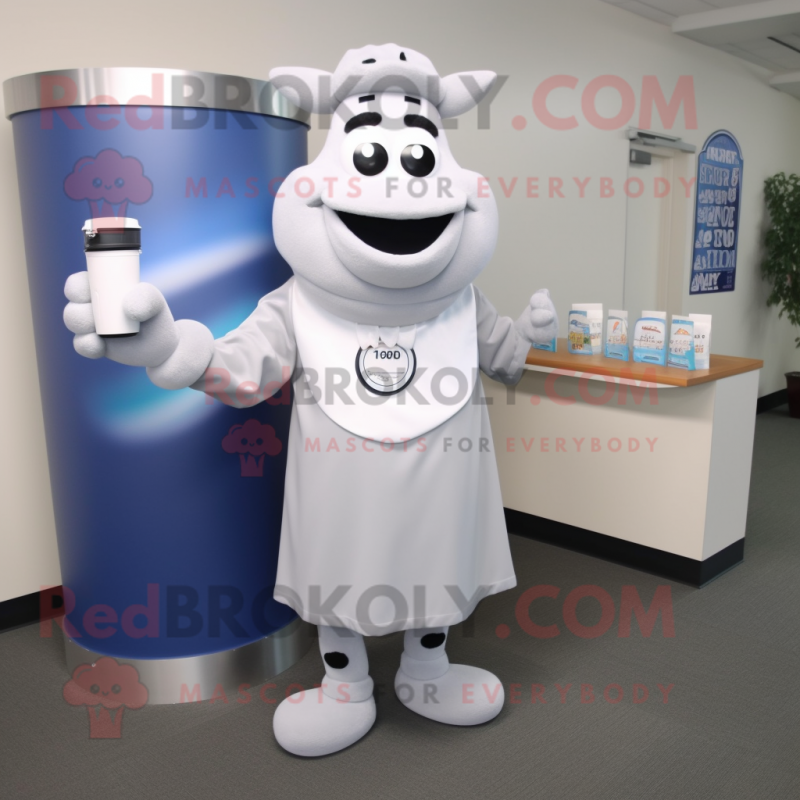 Gray Bottle Of Milk mascot costume character dressed with a Dress Shirt and Bracelet watches