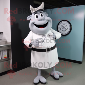 Gray Bottle Of Milk mascot costume character dressed with a Dress Shirt and Bracelet watches