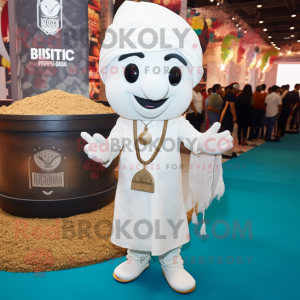 White Biryani mascot costume character dressed with a Suit and Coin purses