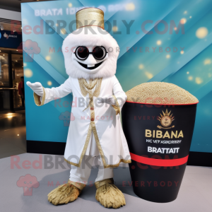 White Biryani mascot costume character dressed with a Suit and Coin purses