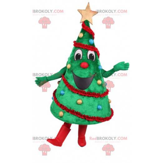 Grøn gran maskot med sin juledekoration - Redbrokoly.com