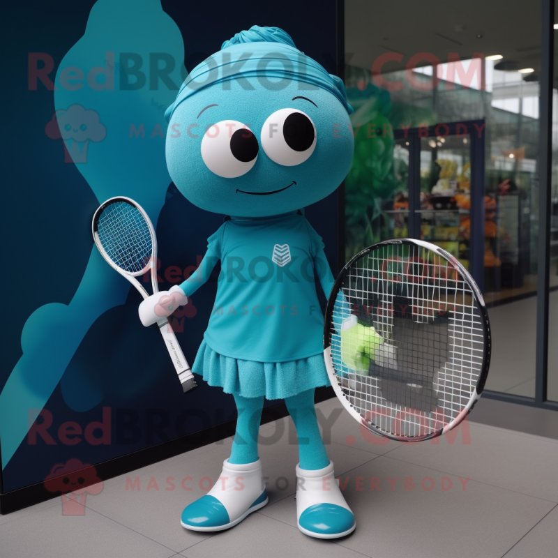 Teal Tennis Racket mascot costume character dressed with a Leggings and Scarf clips