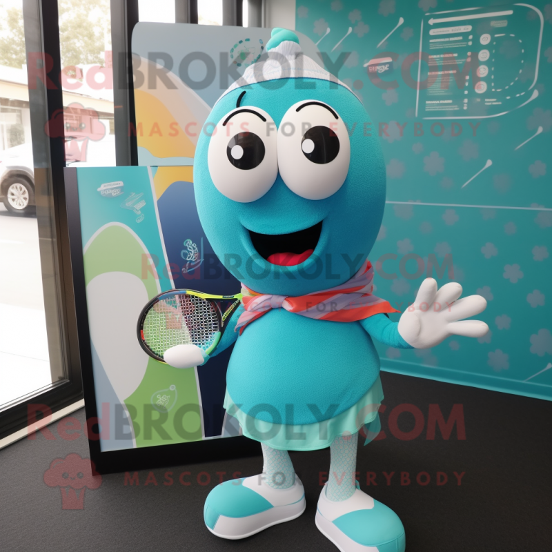 Teal Tennis Racket mascot costume character dressed with a Leggings and Scarf clips Teal Tennis Racket mascot costume character dressed with a Leggings and Scarf clips