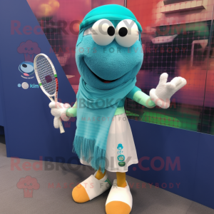 Teal Tennis Racket mascot costume character dressed with a Leggings and Scarf clips