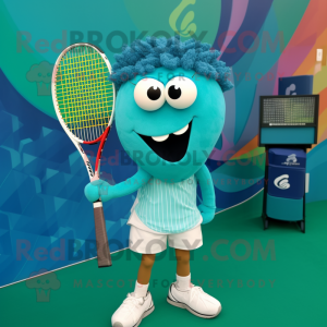 Teal Tennis Racket mascot costume character dressed with a Leggings and Scarf clips