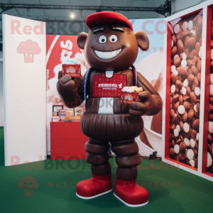 Red Chocolate Bar mascot costume character dressed with a Rugby Shirt and Belts