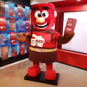 Red Chocolate Bar mascot costume character dressed with a Rugby Shirt and Belts