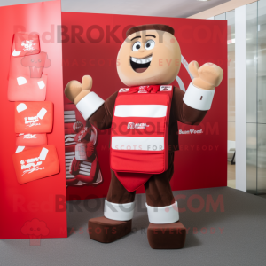 Red Chocolate Bar mascot costume character dressed with a Rugby Shirt and Belts