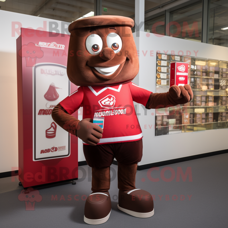 Red Chocolate Bar mascot costume character dressed with a Rugby Shirt and Belts Red Chocolate Bar mascot costume character dressed with a Rugby Shirt and Belts