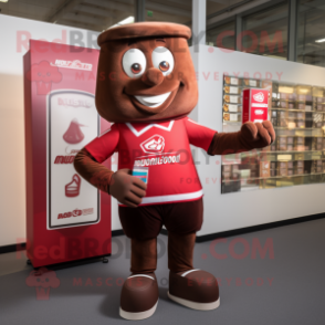 Red Chocolate Bar mascot costume character dressed with a Rugby Shirt and Belts