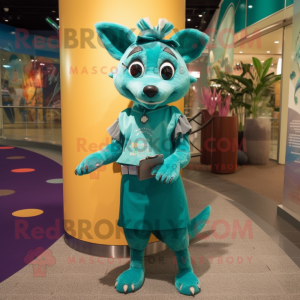 Teal Dingo mascot costume character dressed with a Shift Dress and Clutch bags