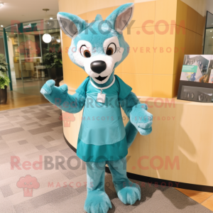 Teal Dingo mascot costume character dressed with a Shift Dress and Clutch bags
