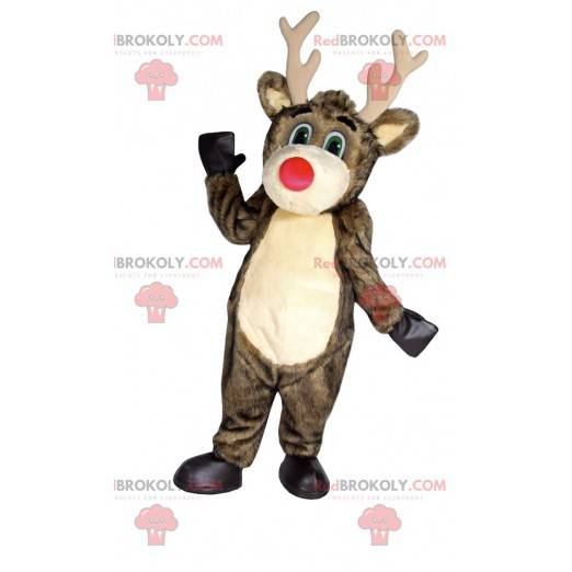 Braunes Rentiermaskottchen mit großer roter Nase -