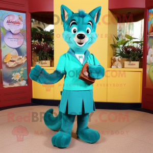 Teal Dingo mascot costume character dressed with a Shift Dress and Clutch bags