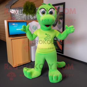 Lime Green Loch Ness Monster mascot costume character dressed with a Joggers and Hairpins