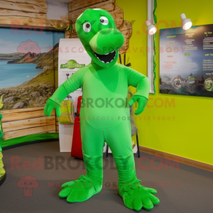 Lime Green Loch Ness Monster mascot costume character dressed with a Joggers and Hairpins