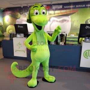 Lime Green Loch Ness Monster mascot costume character dressed with a Joggers and Hairpins