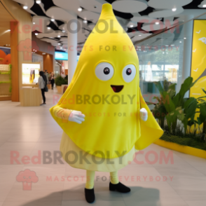 Lemon Yellow Ray mascot costume character dressed with a Trousers and Wraps