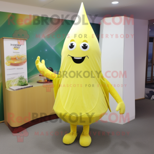 Lemon Yellow Ray mascot costume character dressed with a Trousers and Wraps