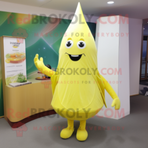 Lemon Yellow Ray mascot costume character dressed with a Trousers and Wraps