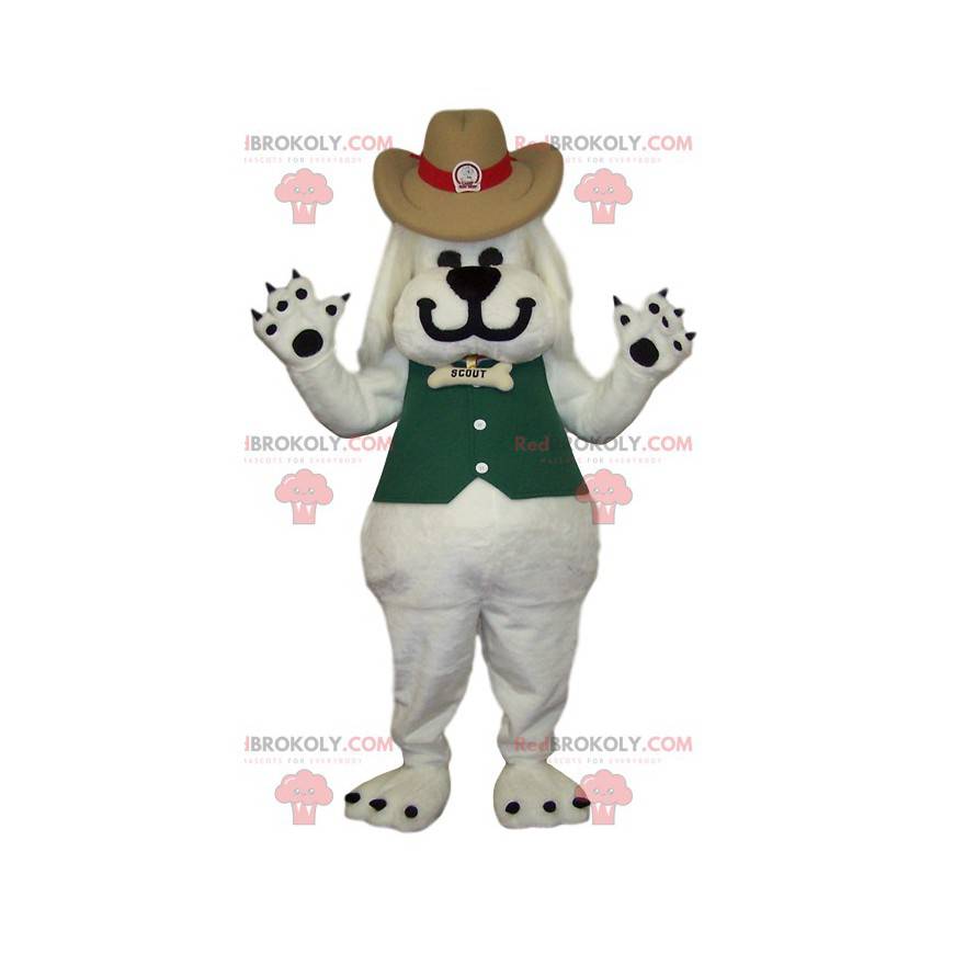 Biały pies maskotka i kowbojski styl - Redbrokoly.com