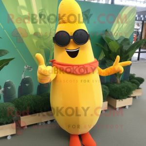 Yellow Carrot mascot costume character dressed with a Maxi Dress and Sunglasses
