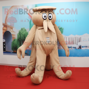 Beige Octopus mascot costume character dressed with a Culottes and Foot pads