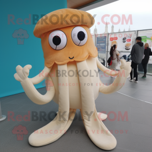 Beige Octopus mascot costume character dressed with a Culottes and Foot pads