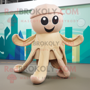 Beige Octopus mascot costume character dressed with a Culottes and Foot pads