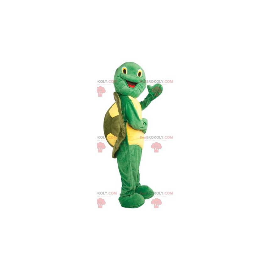 mascotte de tortue jaune et verte super joyeuse - Redbrokoly.com