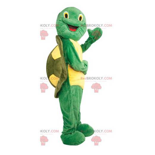 mascotte de tortue jaune et verte super joyeuse - Redbrokoly.com