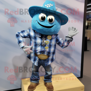Blue Nachos mascot costume character dressed with a Flannel Shirt and Necklaces