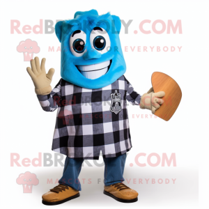 Blue Nachos mascot costume character dressed with a Flannel Shirt and Necklaces