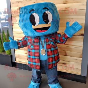 Blue Nachos mascot costume character dressed with a Flannel Shirt and Necklaces