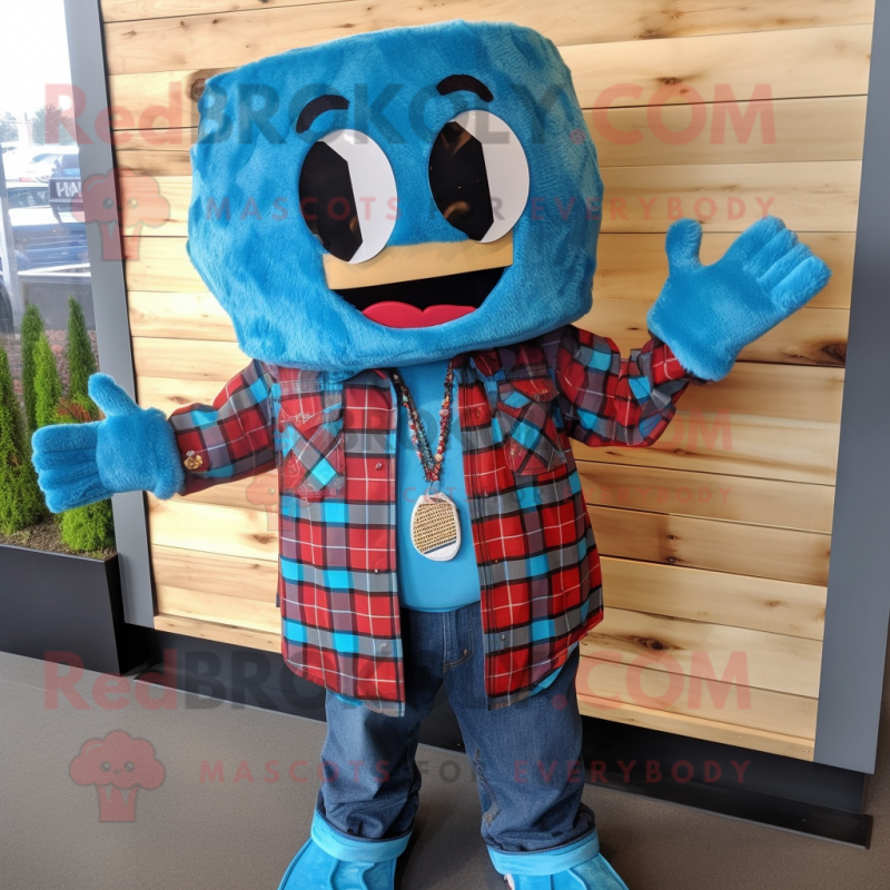 Blue Nachos mascot costume character dressed with a Flannel Shirt and Necklaces Blue Nachos mascot costume character dressed with a Flannel Shirt and Necklaces
