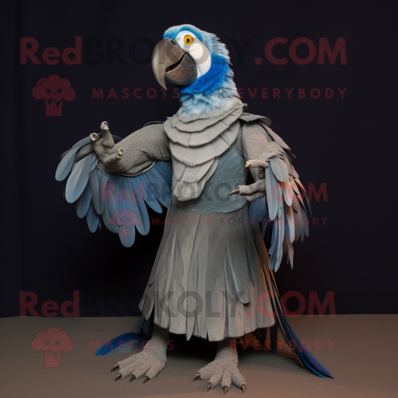 Silver Macaw mascot costume character dressed with a Pleated Skirt and Mittens