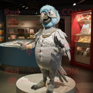 Silver Macaw mascot costume character dressed with a Pleated Skirt and Mittens